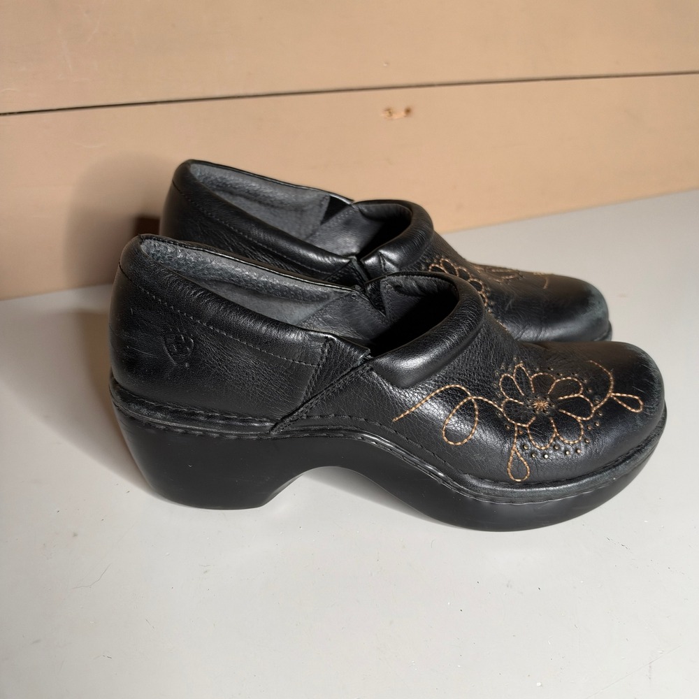 Ariat Black Leather Floral Embroidered Clogs Mules Heels Womens 8B